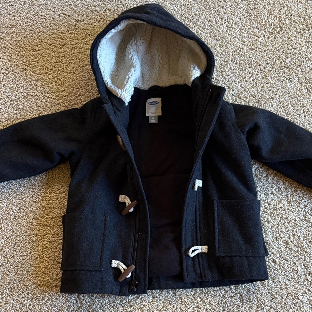 Toddler Boy’s Old Navy Charcoal Gray Wool Toggle Winter Hooded Coat